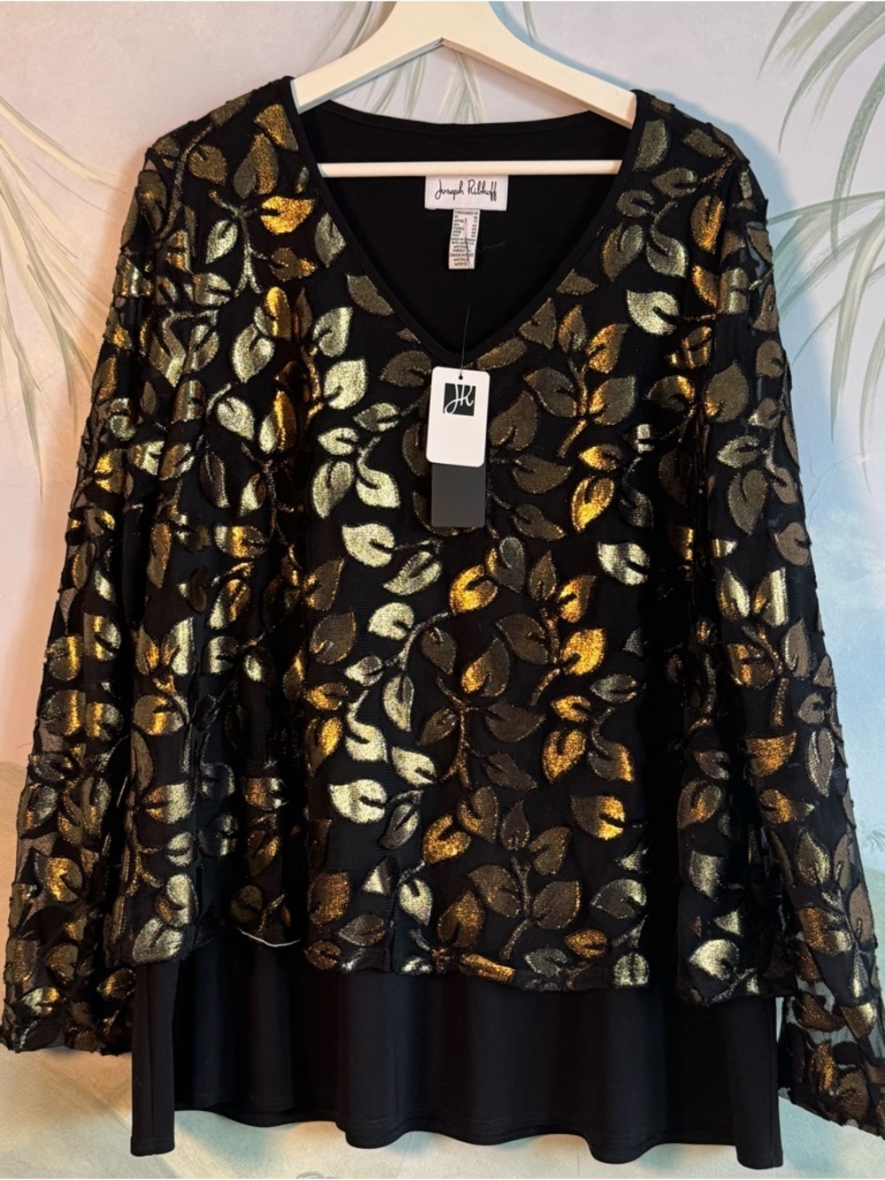 Joseph Ribkoff Black Top with Gold Leaf Motif, size 14, NWT